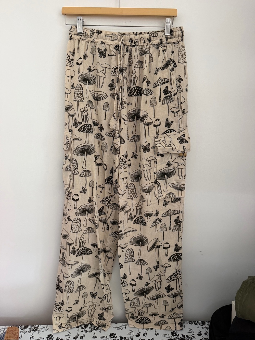 Kathmandu Imports Mushroom Butterfly Print Cargo Pants Drawstring Waist Large